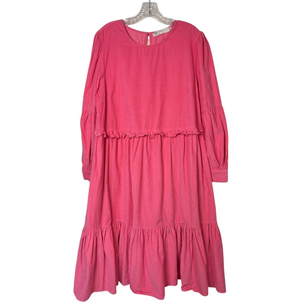 Asos Denim Pink Corduroy Frill Smocked Tiered Midi Dress Long Sleeve Sz US 14 - Picture 2 of 9